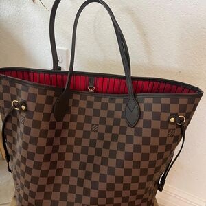 Louis Vuitton Brown Checkered Tote with Red Interior